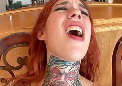 Tattooed whore blowjob cock cumshot