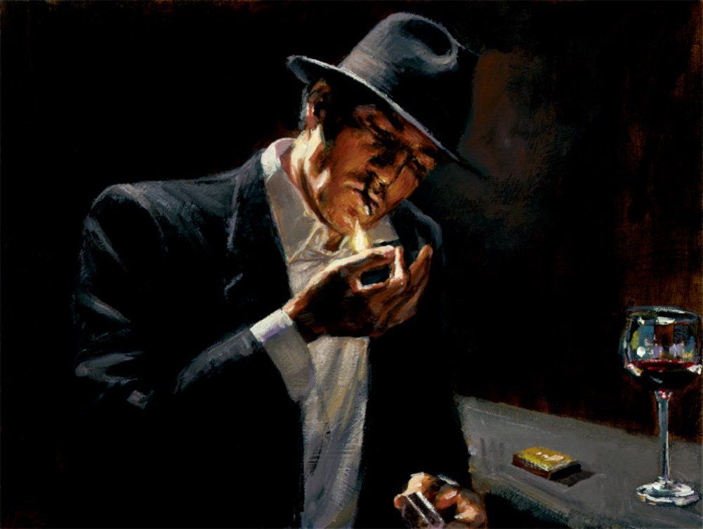 Maddux reccomend Asian man lighting cigarette oil painting